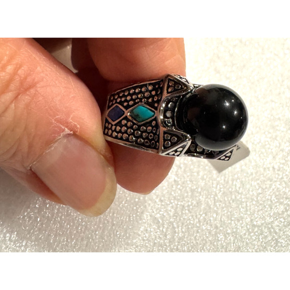 Stainless Steel Unisex Ring 7.5 Black Onyx Pearl Turquoise Statement Chunky - Picture 8 of 8